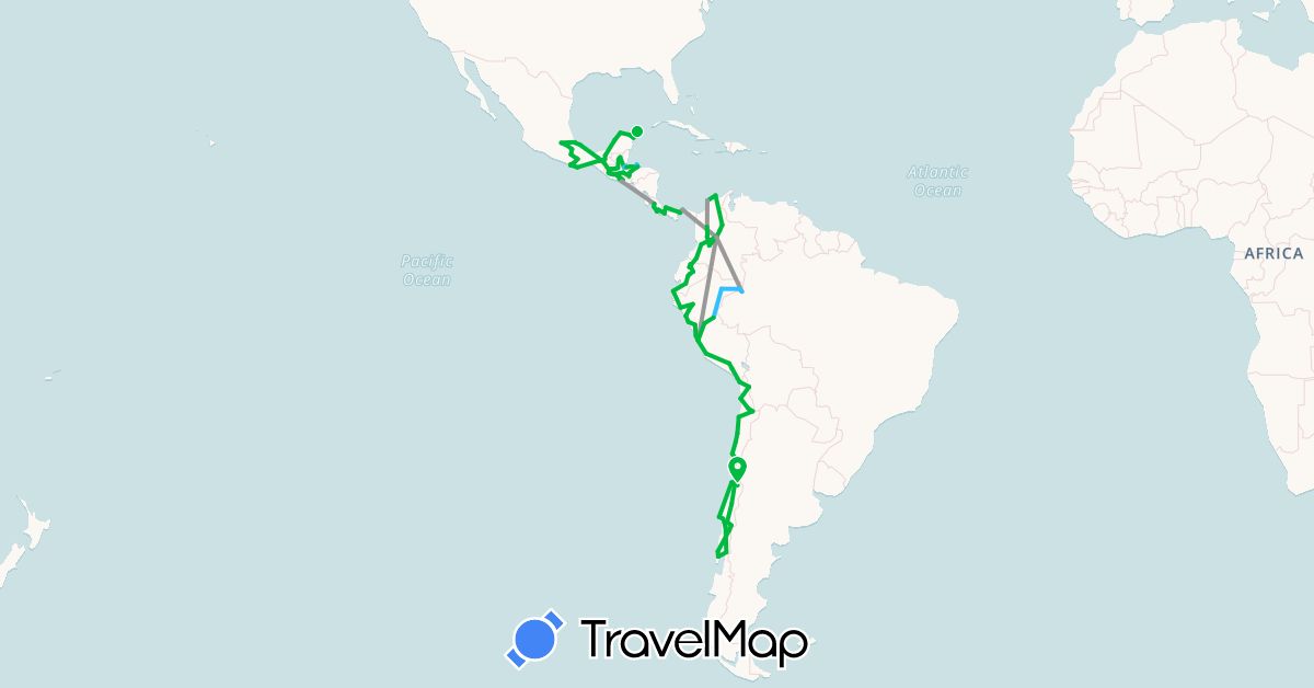 TravelMap itinerary: bus, plane, boat in Chile, Colombia, Costa Rica, Ecuador, Guatemala, Honduras, Mexico, Panama, Peru, El Salvador (North America, South America)